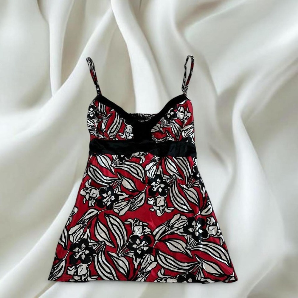 Mix It red black silky floral graphic tie back babydoll cami y2k mcbling fairy